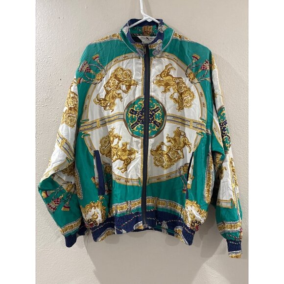 VINTAGE GREAT CAVALIAR Mens MULTI-COLOR TURQUOISE GREEK STYLE SILK JACKET SZ S - Picture 1 of 7
